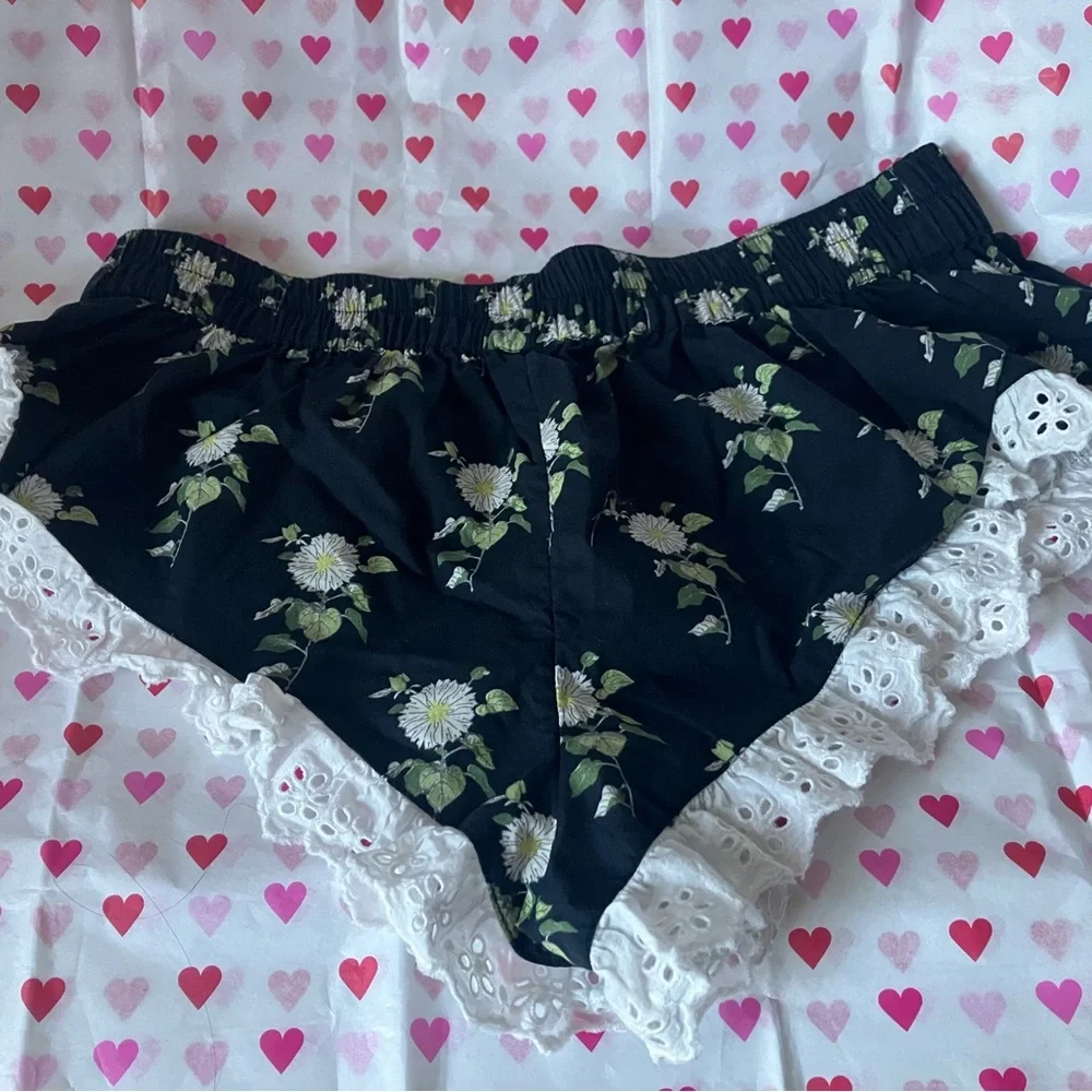 Anthropologie Black Floral Eyelet Micro PJ Pajama Sleep Shorts Sz XXS - Picture 2 of 3